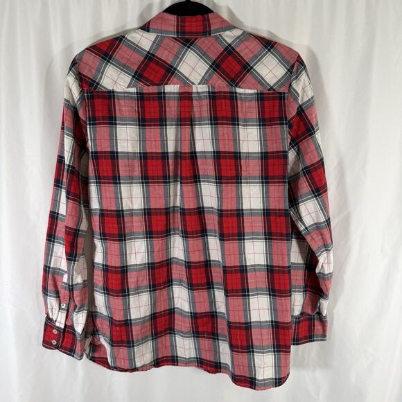 Talbots Blouse Women's Medium Red White Metallic Plaid Button Up Long Sleeve - Picture 7 of 9